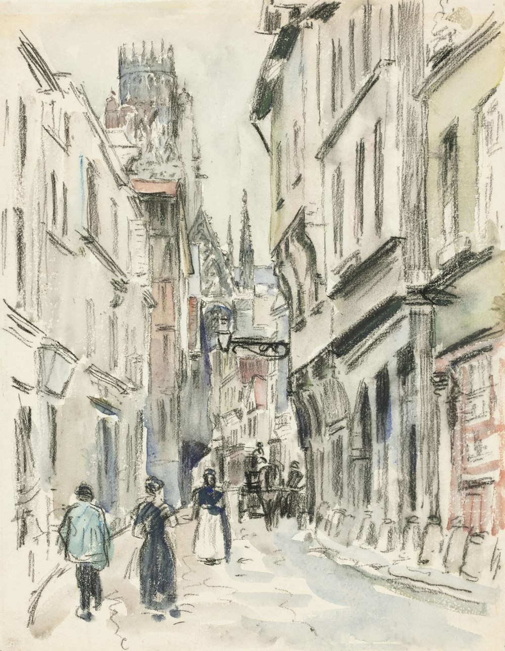 a drawing of people walking down a street