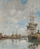 a painting of a ship in a harbor