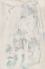 A delicate, sketch-like illustration features faint outlines of trees and foliage. Soft strokes and light shading fill the scene, suggesting a natural wooded area with minimal color usage, primarily focused on the interplay of light and shadow.