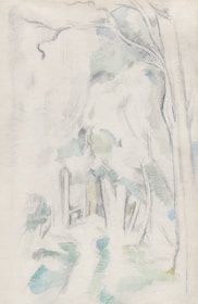 A delicate, sketch-like illustration features faint outlines of trees and foliage. Soft strokes and light shading fill the scene, suggesting a natural wooded area with minimal color usage, primarily focused on the interplay of light and shadow.