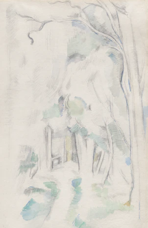 A delicate pencil sketch of a serene forest scene with soft light filtering through the trees.