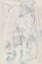 A delicate, sketch-like illustration features faint outlines of trees and foliage. Soft strokes and light shading fill the scene, suggesting a natural wooded area with minimal color usage, primarily focused on the interplay of light and shadow.