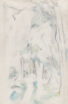 A delicate, sketch-like illustration features faint outlines of trees and foliage. Soft strokes and light shading fill the scene, suggesting a natural wooded area with minimal color usage, primarily focused on the interplay of light and shadow.