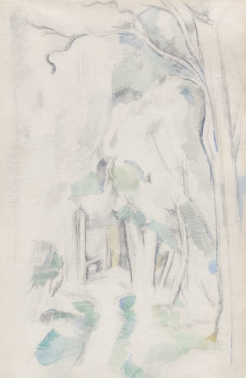 A delicate, sketch-like illustration features faint outlines of trees and foliage. Soft strokes and light shading fill the scene, suggesting a natural wooded area with minimal color usage, primarily focused on the interplay of light and shadow.