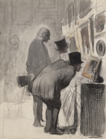 A group of people is closely examining framed artworks in an exhibition. The scene is rendered in muted tones, with detailed attire suggesting historical or formal attire, such as top hats and coats. The figures are focused intently on the art pieces displayed on a wall.