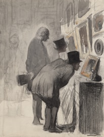 A group of people is closely examining framed artworks in an exhibition. The scene is rendered in muted tones, with detailed attire suggesting historical or formal attire, such as top hats and coats. The figures are focused intently on the art pieces displayed on a wall.