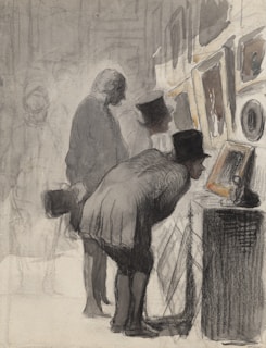 A group of people is closely examining framed artworks in an exhibition. The scene is rendered in muted tones, with detailed attire suggesting historical or formal attire, such as top hats and coats. The figures are focused intently on the art pieces displayed on a wall.
