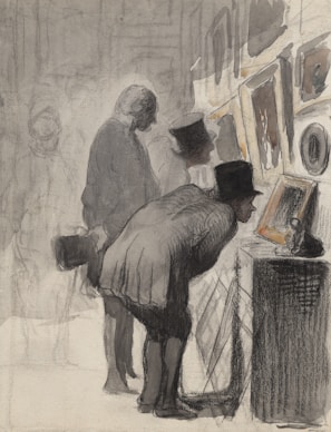 A group of people is closely examining framed artworks in an exhibition. The scene is rendered in muted tones, with detailed attire suggesting historical or formal attire, such as top hats and coats. The figures are focused intently on the art pieces displayed on a wall.