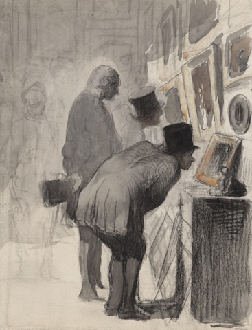 A group of people is closely examining framed artworks in an exhibition. The scene is rendered in muted tones, with detailed attire suggesting historical or formal attire, such as top hats and coats. The figures are focused intently on the art pieces displayed on a wall.