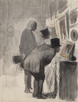 A group of people is closely examining framed artworks in an exhibition. The scene is rendered in muted tones, with detailed attire suggesting historical or formal attire, such as top hats and coats. The figures are focused intently on the art pieces displayed on a wall.