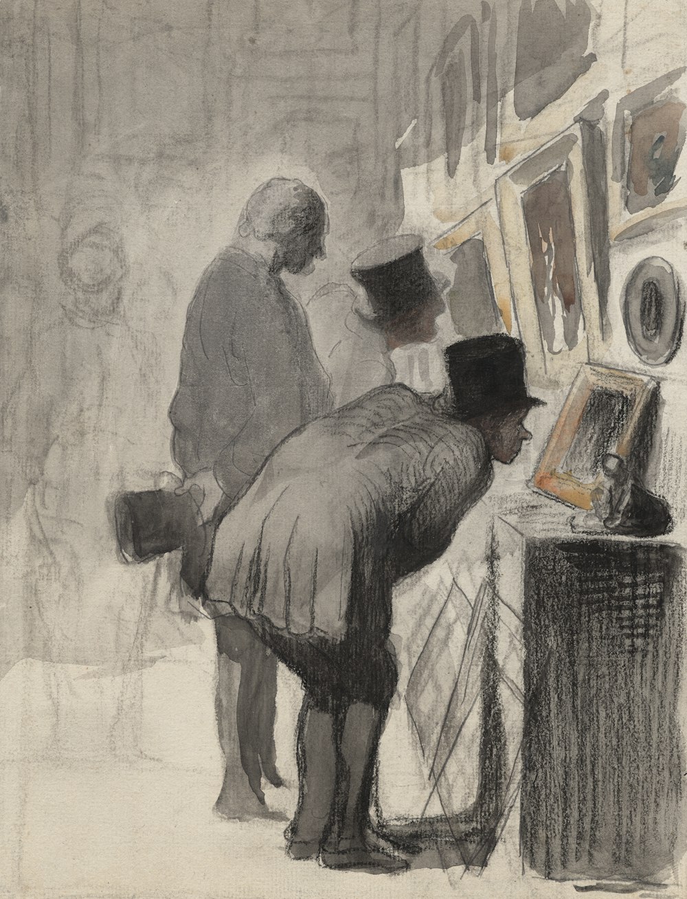 a drawing of a man and woman looking at a picture