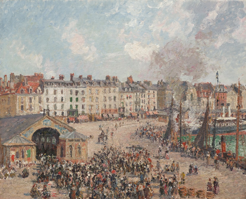 uma pintura de uma rua movimentada da cidade com uma multidão de pessoas