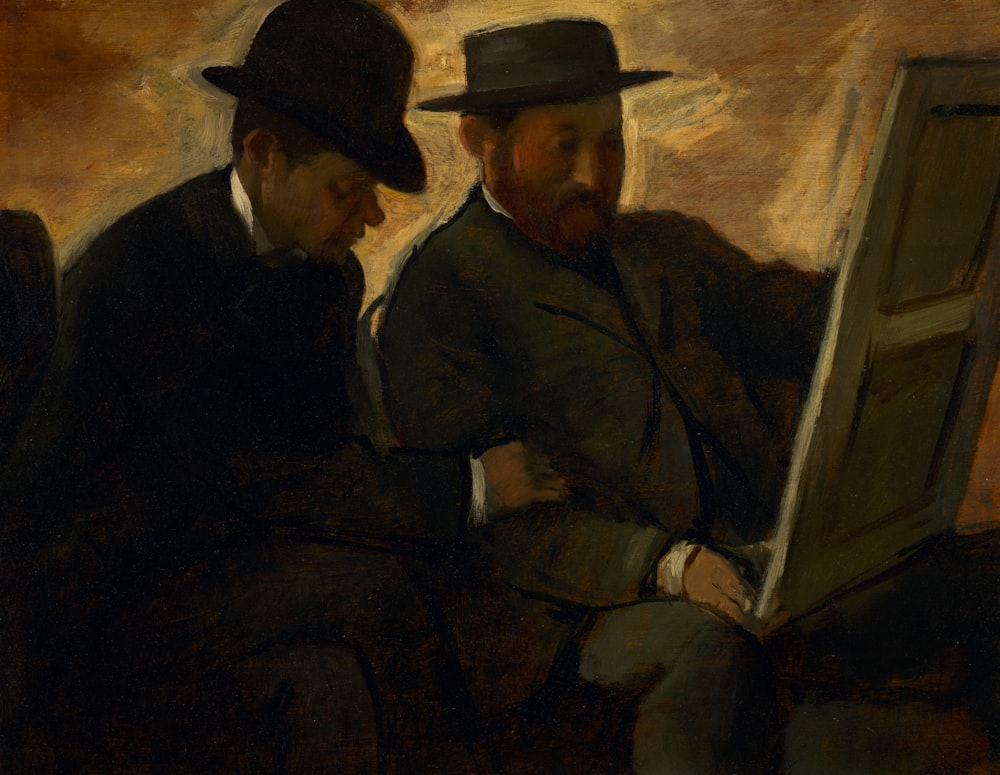 une peinture de deux hommes assis l’un à côté de l’autre