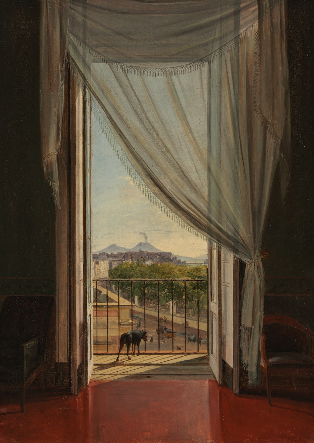 a painting of an open window with a dog standing in the doorway