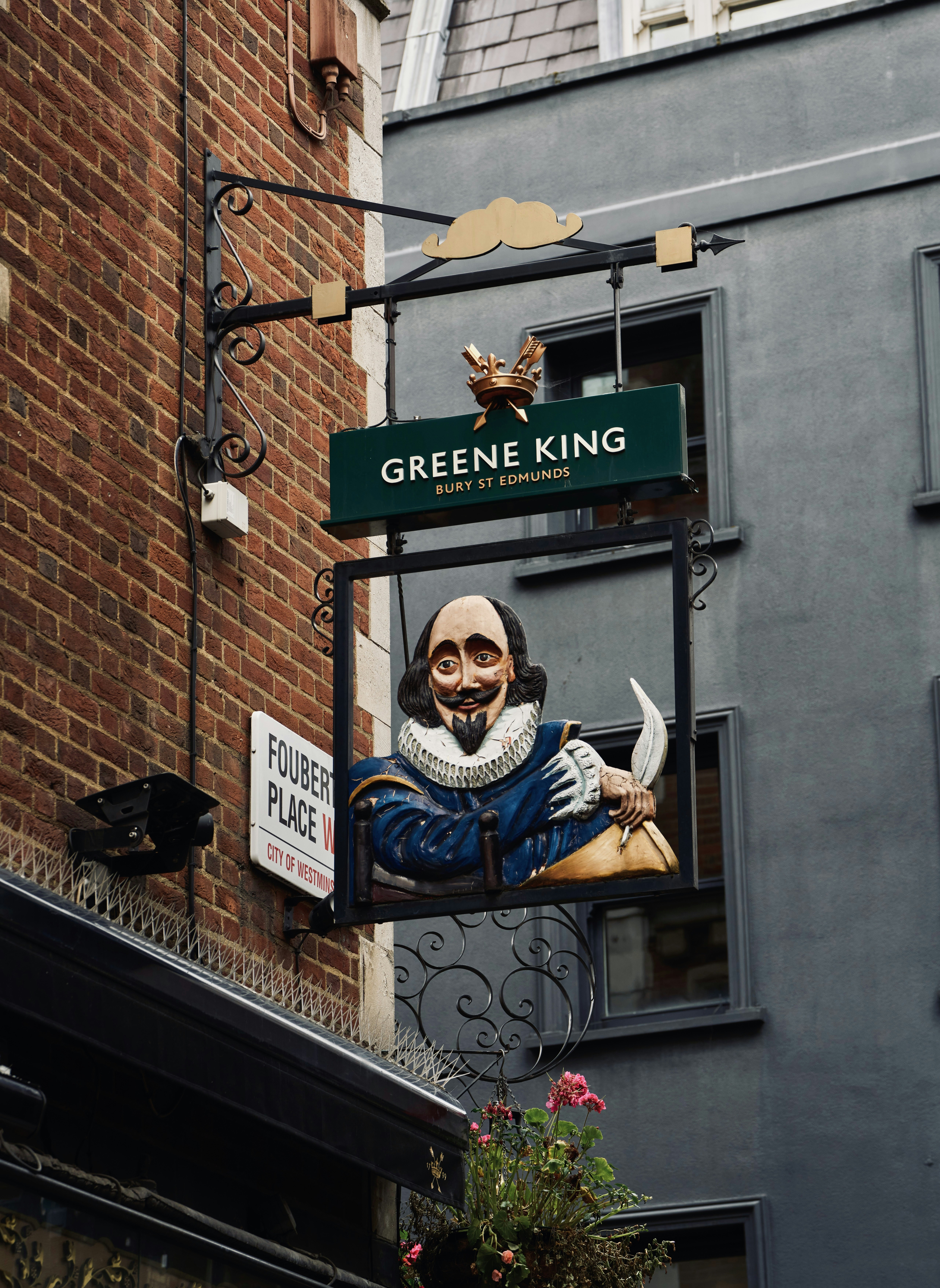 a street sign with a statue of a clown on it