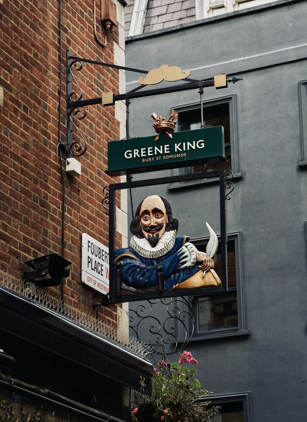 a street sign with a statue of a clown on it