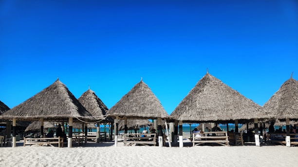 Several thatched-roof huts are arranged in a row on a sandy beach with a blue sky overhead. Wooden benches and tables are placed under the structures, and people are sitting in the shade, enjoying the seaside view.