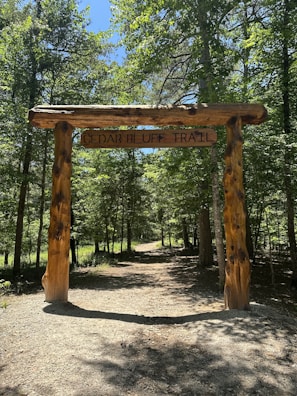 A rustic wooden arch stands at the entrance of a forest trail, with the name 'Cedar Bluff Trail' carved into it. The path is lined with dense trees and covered in shaded gravel, capturing sunlight filtering through the forest canopy.