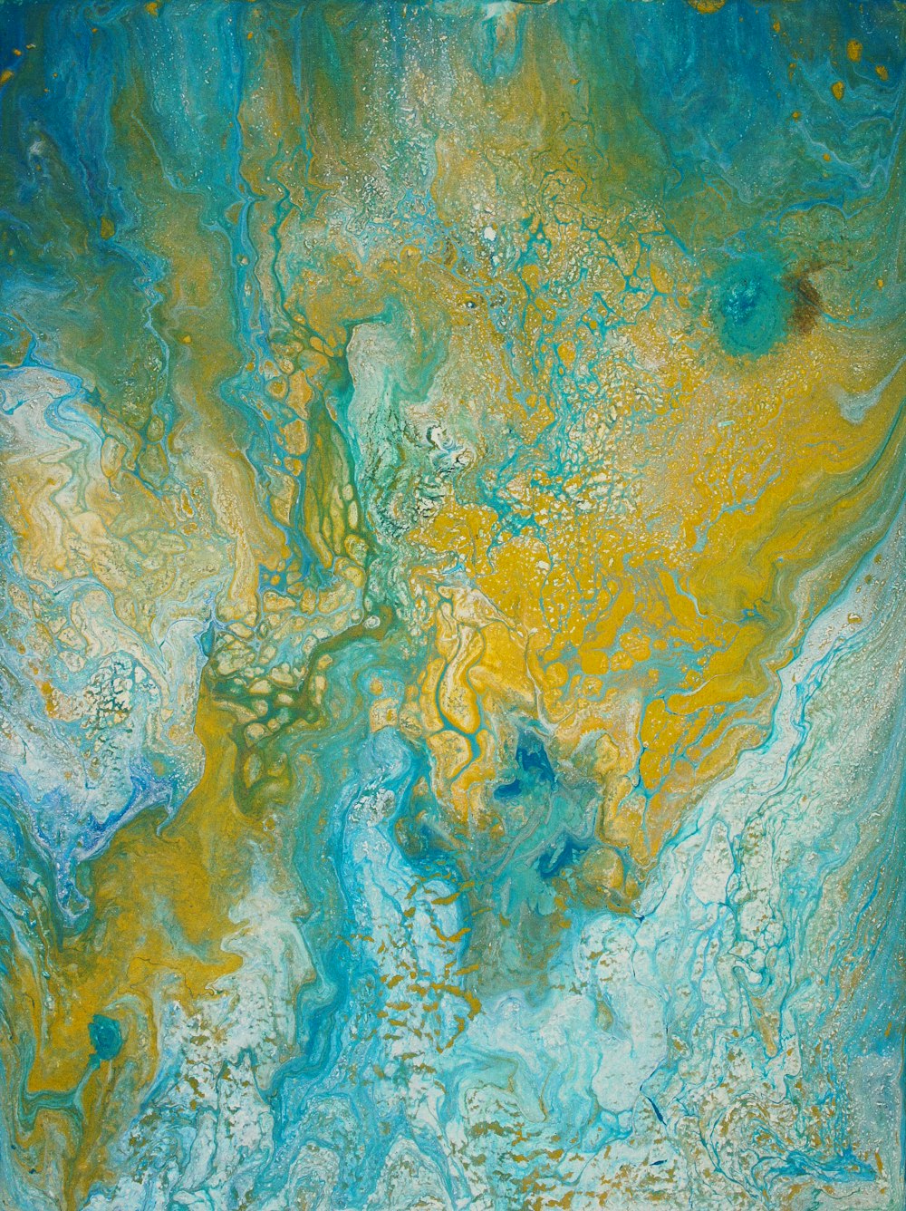 an abstract painting with blue, yellow, and green colors