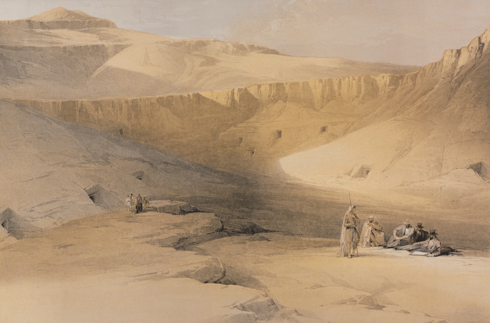 uma pintura de um grupo de pessoas em um deserto