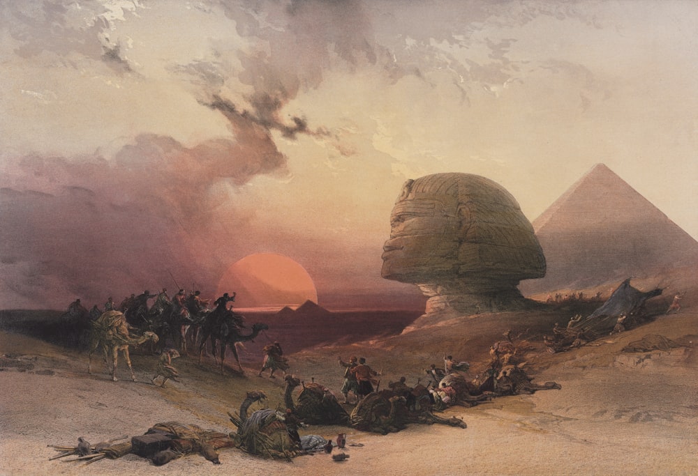 a painting of a desert scene with a pyramid in the background