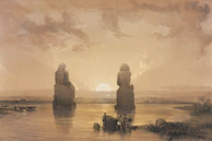 a painting of a group of people standing in a body of water