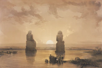 a painting of a group of people standing in a body of water