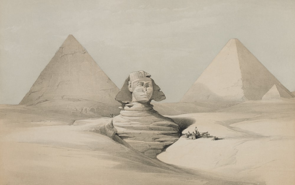 a drawing of a sphinx in front of three pyramids
