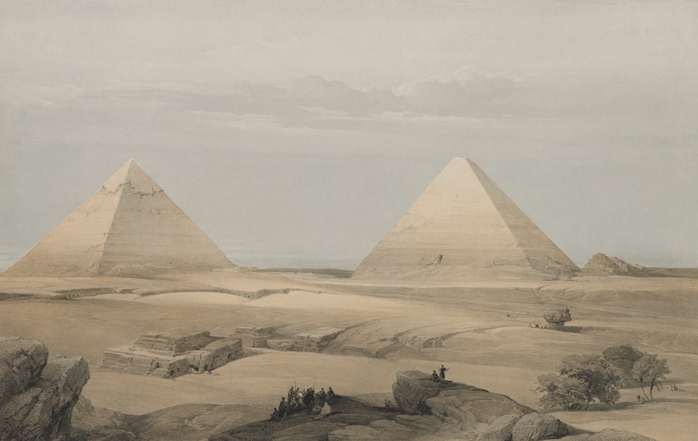 a painting of three pyramids in the desert