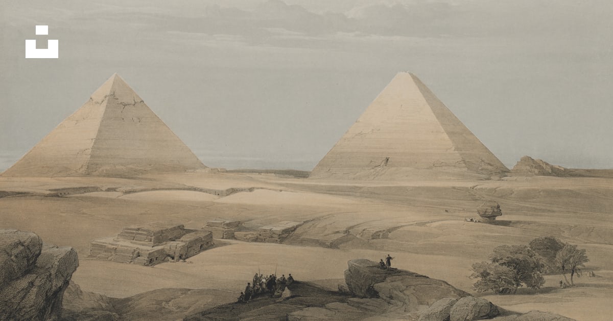 Foto zum Thema Ein Gemälde von drei Pyramiden in der Wüste