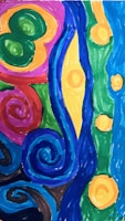 A colorful abstract painting with swirling patterns and textures.