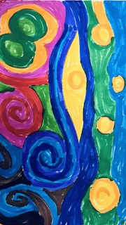 A vibrant abstract painting featuring swirling colors.