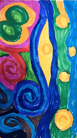 A colorful abstract painting with swirling patterns and textures.