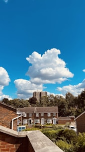 A serene residential area blending nature and spirituality under a clear sky.