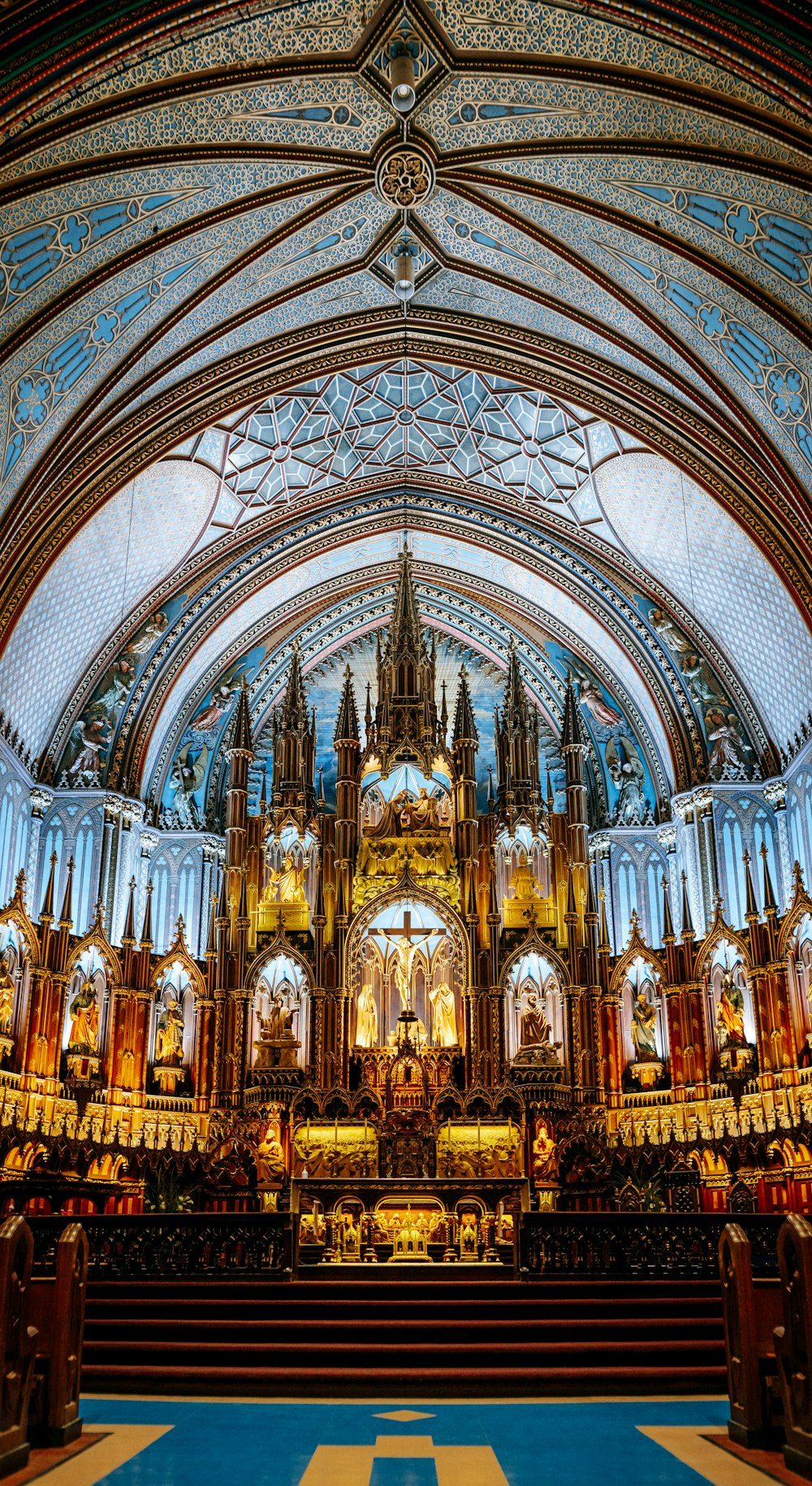 a large cathedral with a blue floor and blue walls