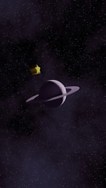 A space scene featuring a planet with rings, similar to Saturn, set against a backdrop of numerous stars scattered across a dark sky. A small, yellow star or spacecraft is also depicted floating near the planet.