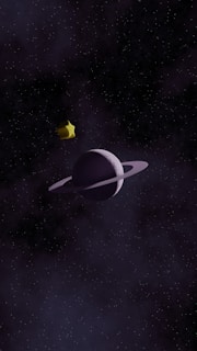 A space scene featuring a planet with rings, similar to Saturn, set against a backdrop of numerous stars scattered across a dark sky. A small, yellow star or spacecraft is also depicted floating near the planet.