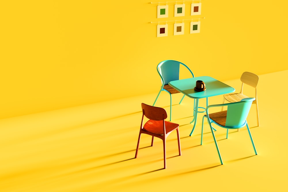 three chairs and a table in a yellow room