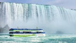 A large waterfall cascades powerfully in the background, with mist rising around it. A boat named 'Maid of the Mist' is filled with people wearing blue ponchos, sailing close to the waterfall. The atmosphere is misty with a sense of adventure.