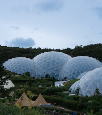 a group of domes sitting on top of a lush green hillside