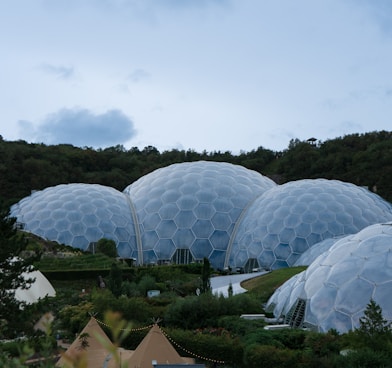 a group of domes sitting on top of a lush green hillside