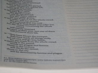 A close-up view of a page from a book with text formatted in a poetic or biblical style, featuring numbered verses and indented lines. The text discusses themes of wrath and consequences.