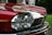 A close-up of a classic car's front, emphasizing the red hood with a shiny chrome grille and dual round headlights. A gold-colored jaguar hood ornament is prominently displayed. The background is blurred, suggesting a natural outdoor setting.