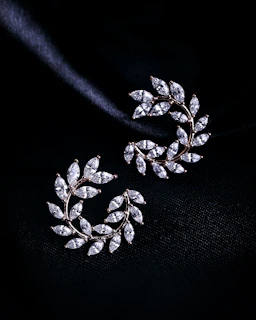 a pair of earrings on a black background