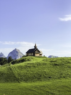 A serene view of a small town Catholic church surrounded by trees and a clear blue sky.