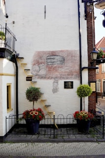 A white building wall featuring a faded mural with a simple sketch and some text in another language. The mural includes imagery of two figures and an oven. A small yellow ladder leans against the wall, reaching up to a first-story balcony protected by a black wrought iron railing. Below, the base of the wall has two large pots containing green shrubs and red flowers. A black metal fence encloses the plant area.