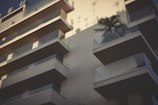 A modern apartment building featuring multiple balconies with glass railings. One balcony displays a large potted palm tree, casting intricate shadows on the wall behind. The angle of the shot highlights the architectural design, emphasizing clean lines and minimalistic elements.