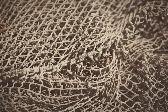 Close-up of intricate fishing nets spread out on a wooden dock.