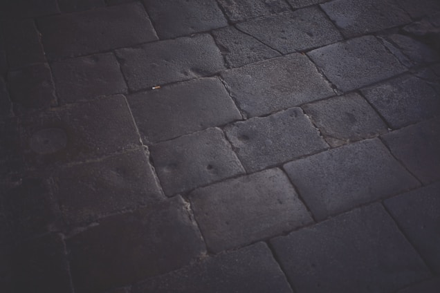 A dark, textured pavement composed of large rectangular stones. The stones are laid out in a simple geometric pattern, with visible wear and subtle marks on their surfaces indicating frequent use. The lighting is dim, casting soft shadows that highlight the texture of the stone material.