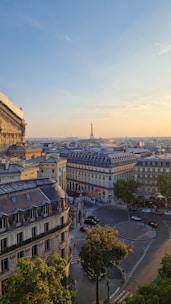 A serene view of the Paris skyline with a sunset in the background.